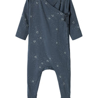 Blue baby onesie with star pattern on a white background