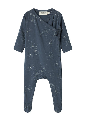 Blue baby onesie with star pattern on a white background
