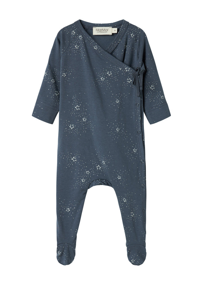 Blue baby onesie with star pattern on a white background