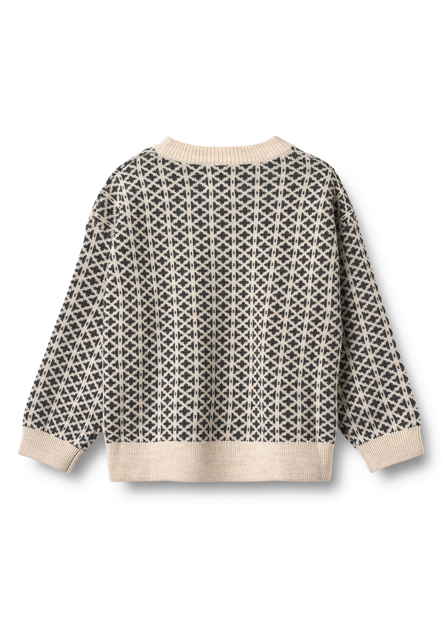 Patterned sweater with a geometric design on a white background