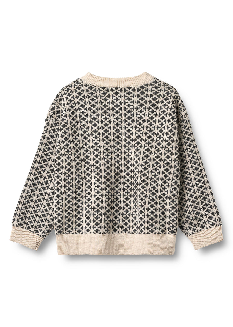 Patterned sweater with a geometric design on a white background