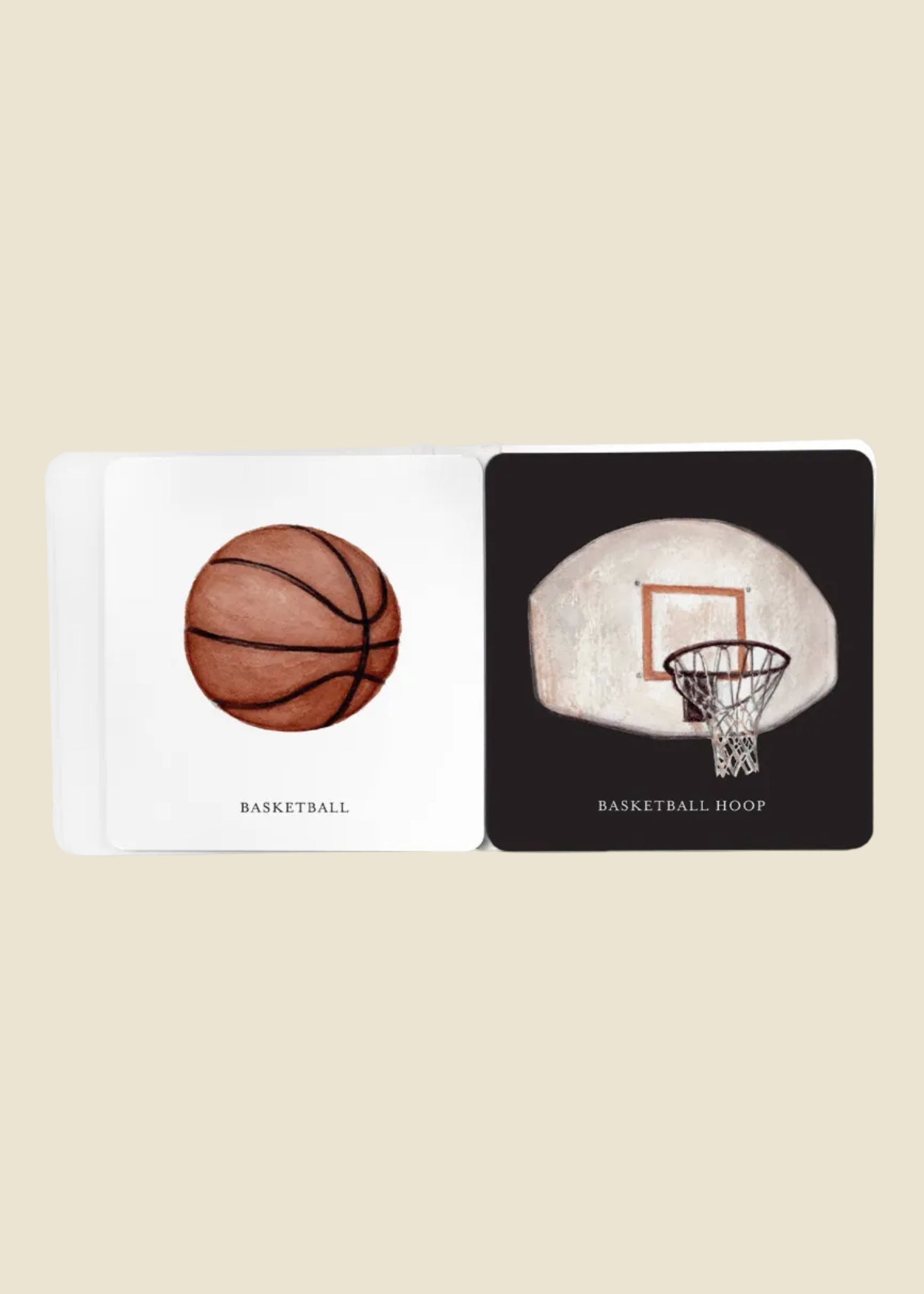 Illustrated book with images of a basketball and a basketball hoop on beige background