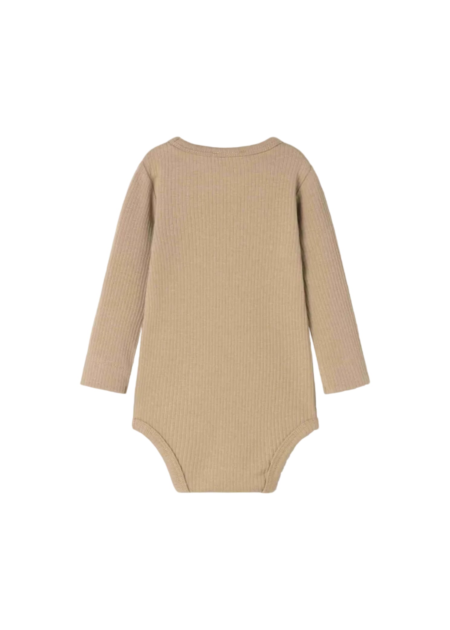 A long-sleeve ribbed knit baby bodysuit in a warm tan or beige color, shown from the back against a plain white background.