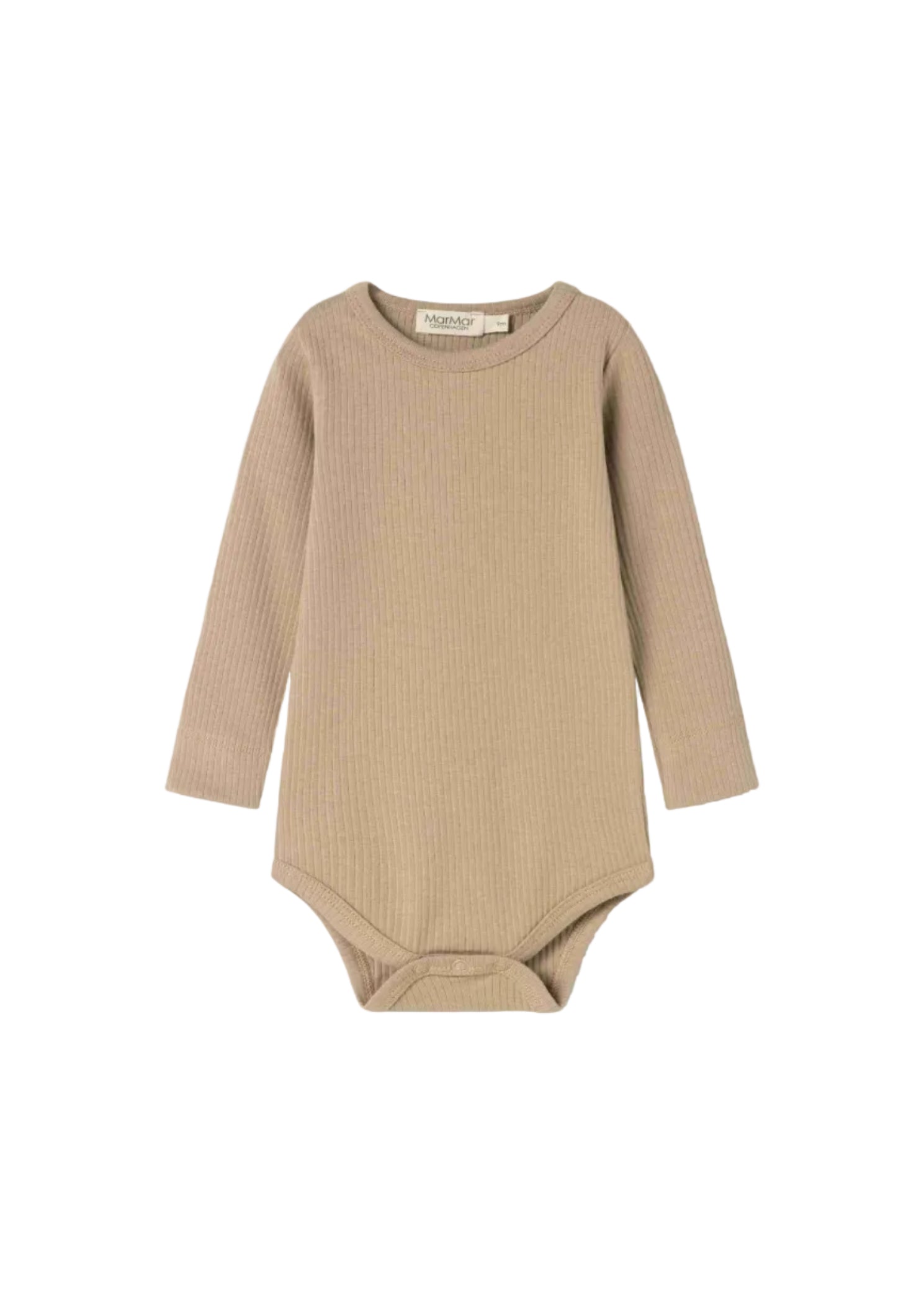 A beige ribbed long-sleeve baby bodysuit with a crew neck, photographed flat against a white background.
