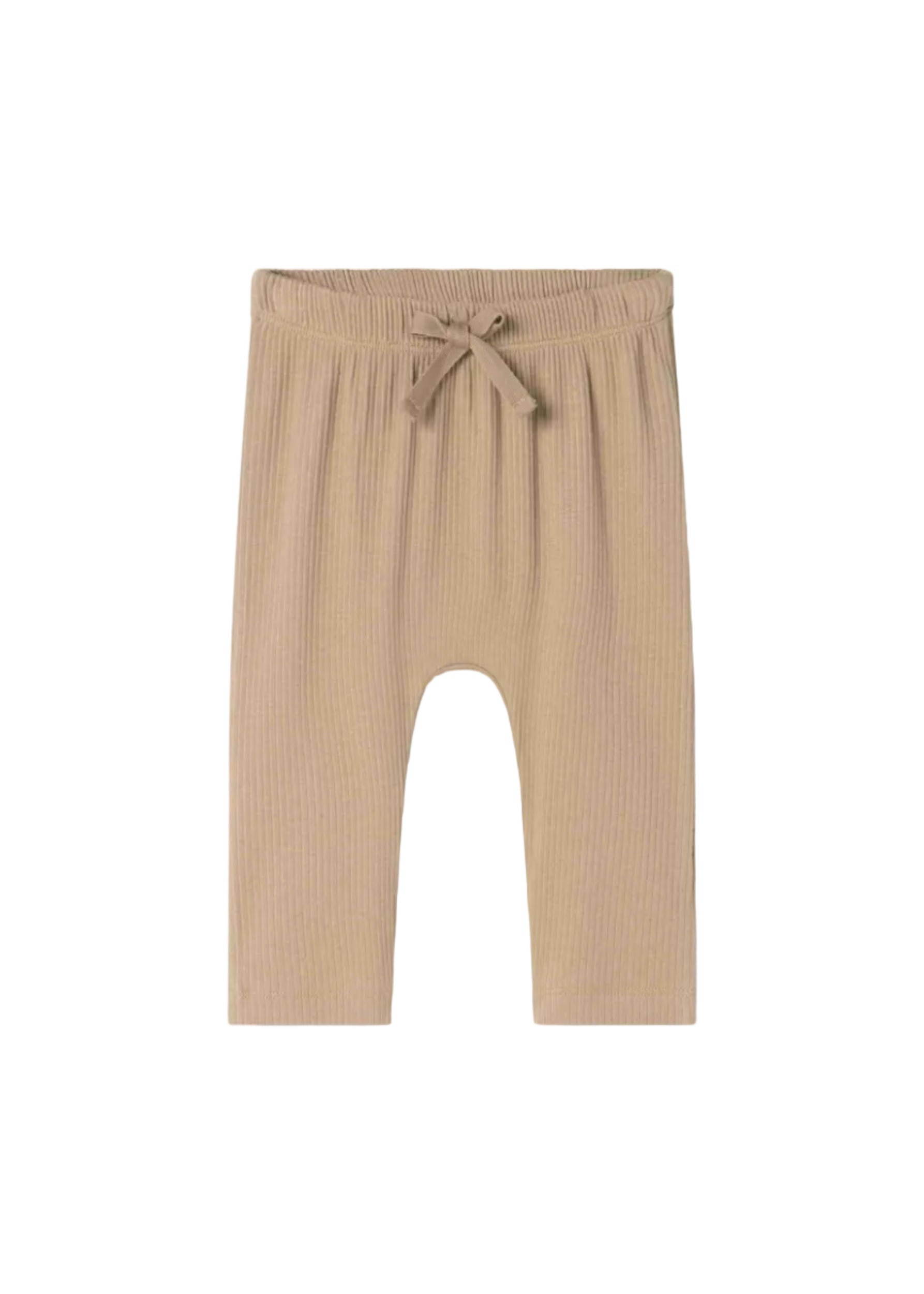 A pair of beige ribbed knit pants for toddlers, featuring an elastic waistband with a matching fabric bow, shown against a plain white background.