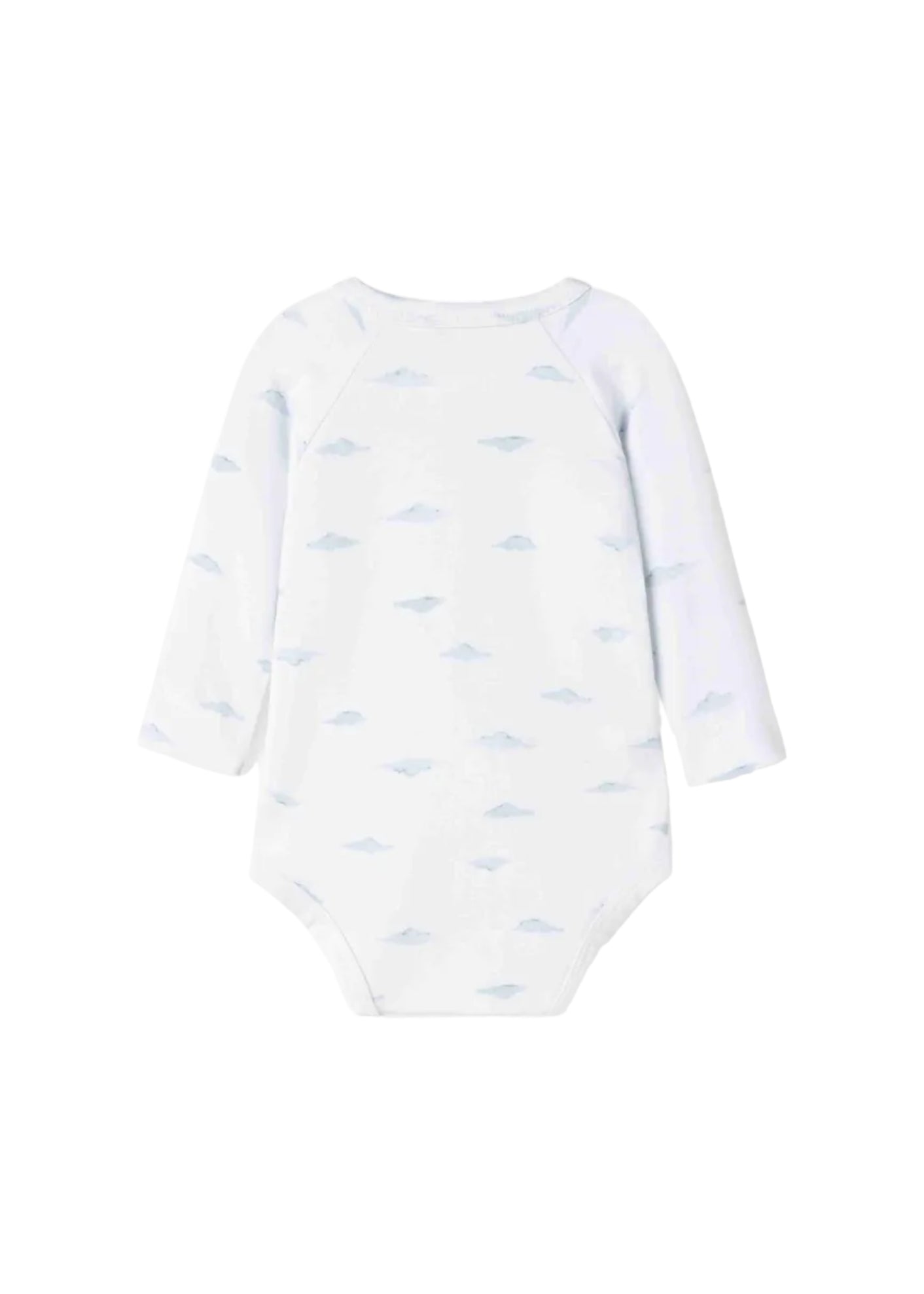 White baby onesie with blue cloud pattern on a white background