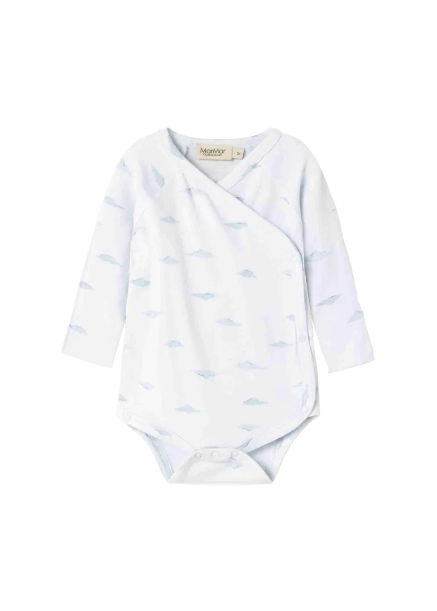 Baby onesie with blue pattern on a white background