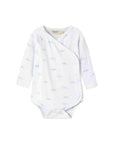 Baby onesie with blue pattern on a white background