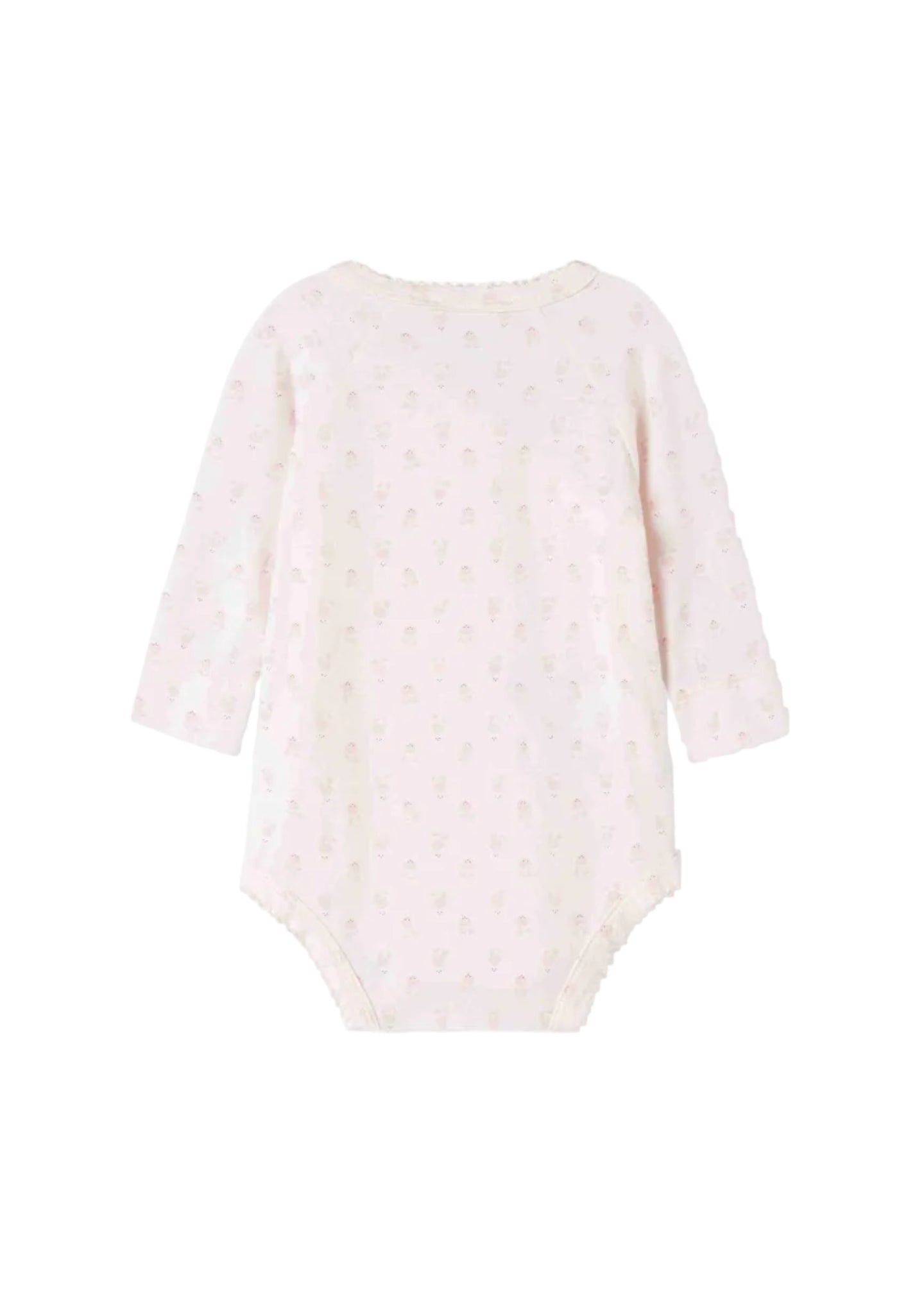 A light pink long-sleeve baby bodysuit with a delicate repeating pattern of small gold cartoon faces, shown flat against a white background.
