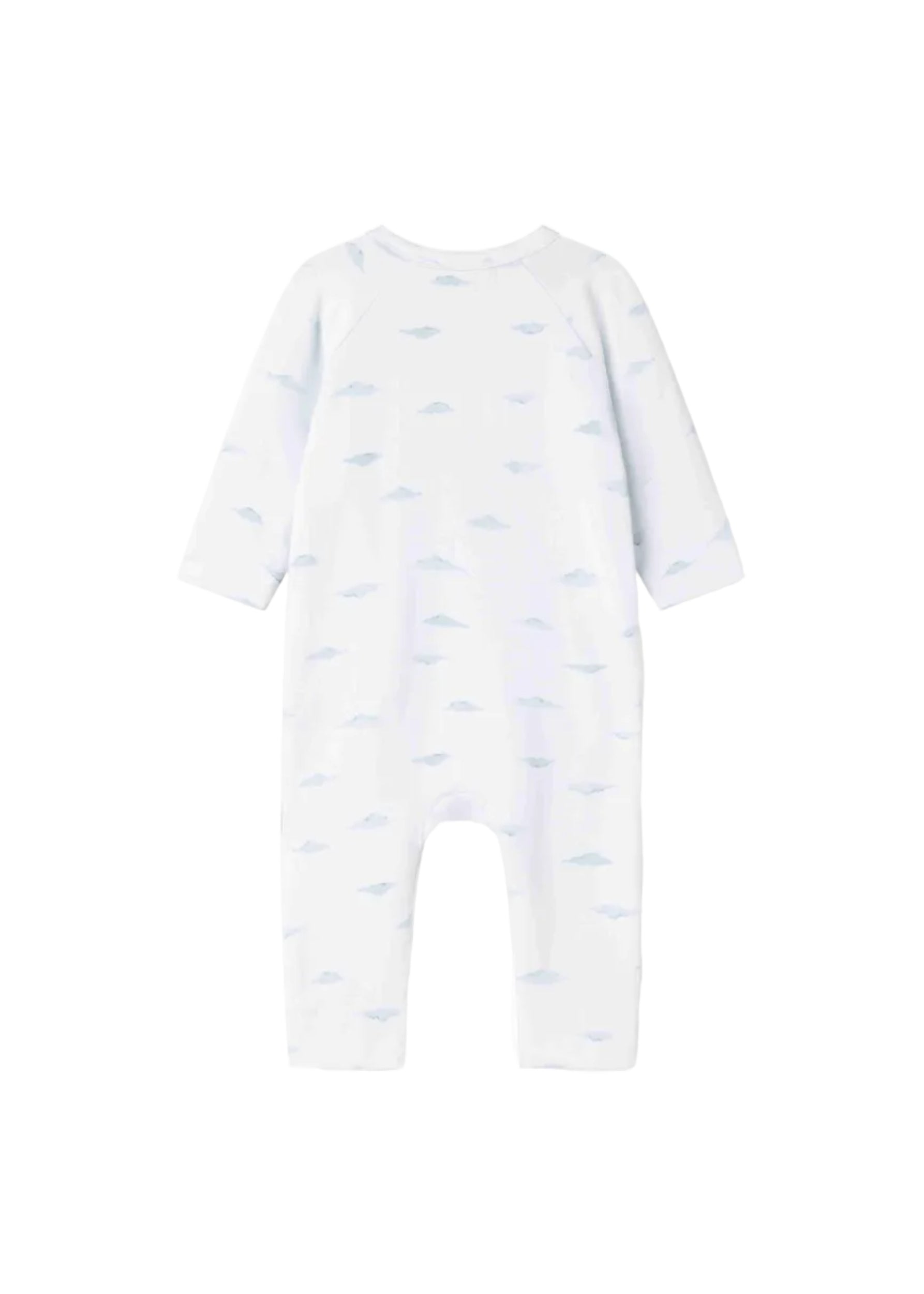 A white long-sleeve baby jumpsuit with a light blue cloud pattern, shown flat against a white background.