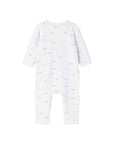 A white long-sleeve baby jumpsuit with a light blue cloud pattern, shown flat against a white background.