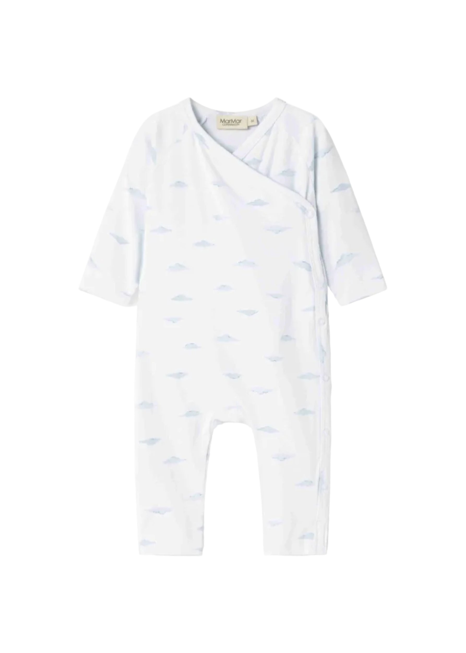 A white long-sleeve baby romper with a light blue cloud pattern, featuring a wrap-around front and snap closures.