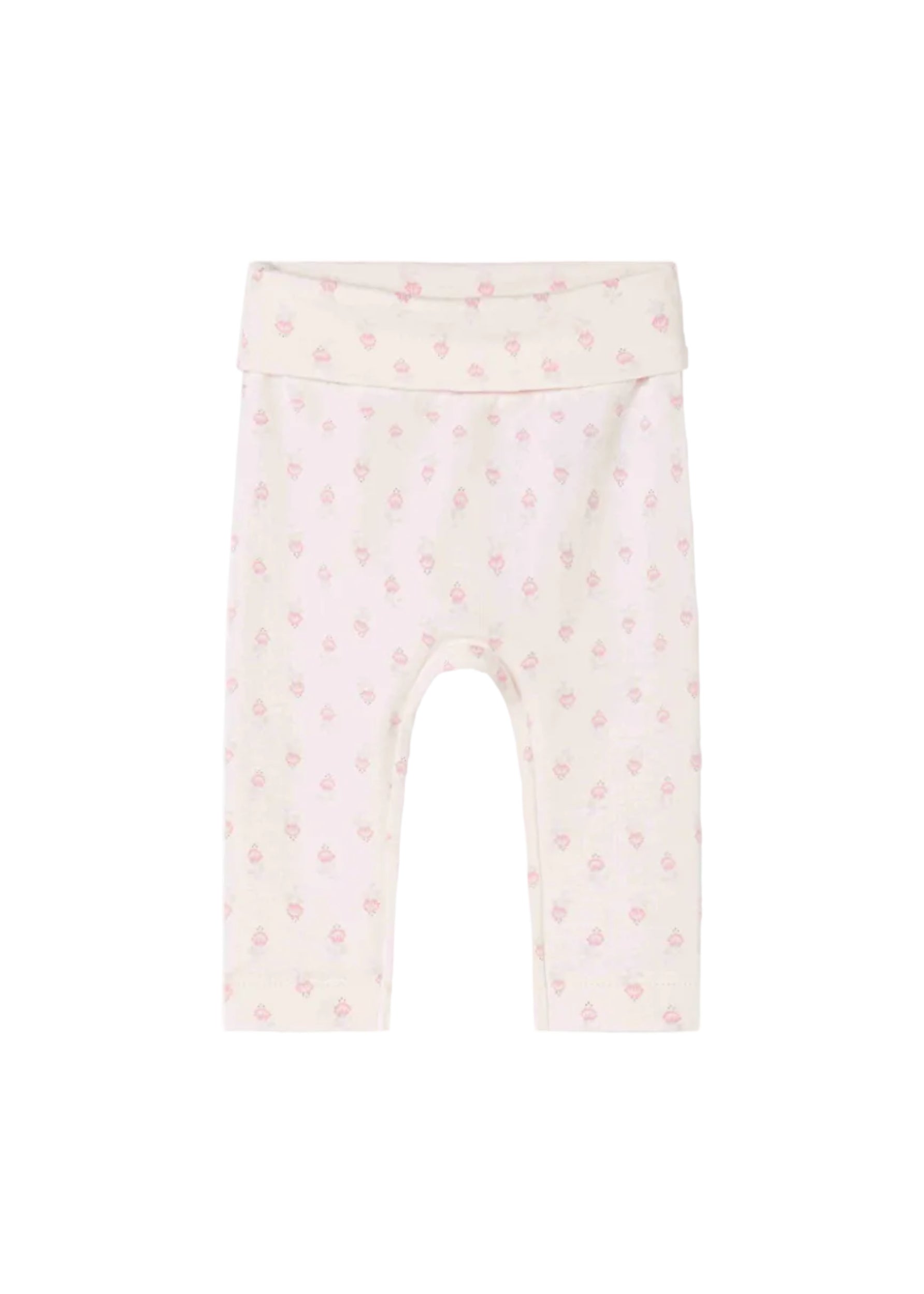 Baby leggings in a pale pink and cream color, featuring a small repeating pattern of pink bows and hearts, with an elastic waistband.