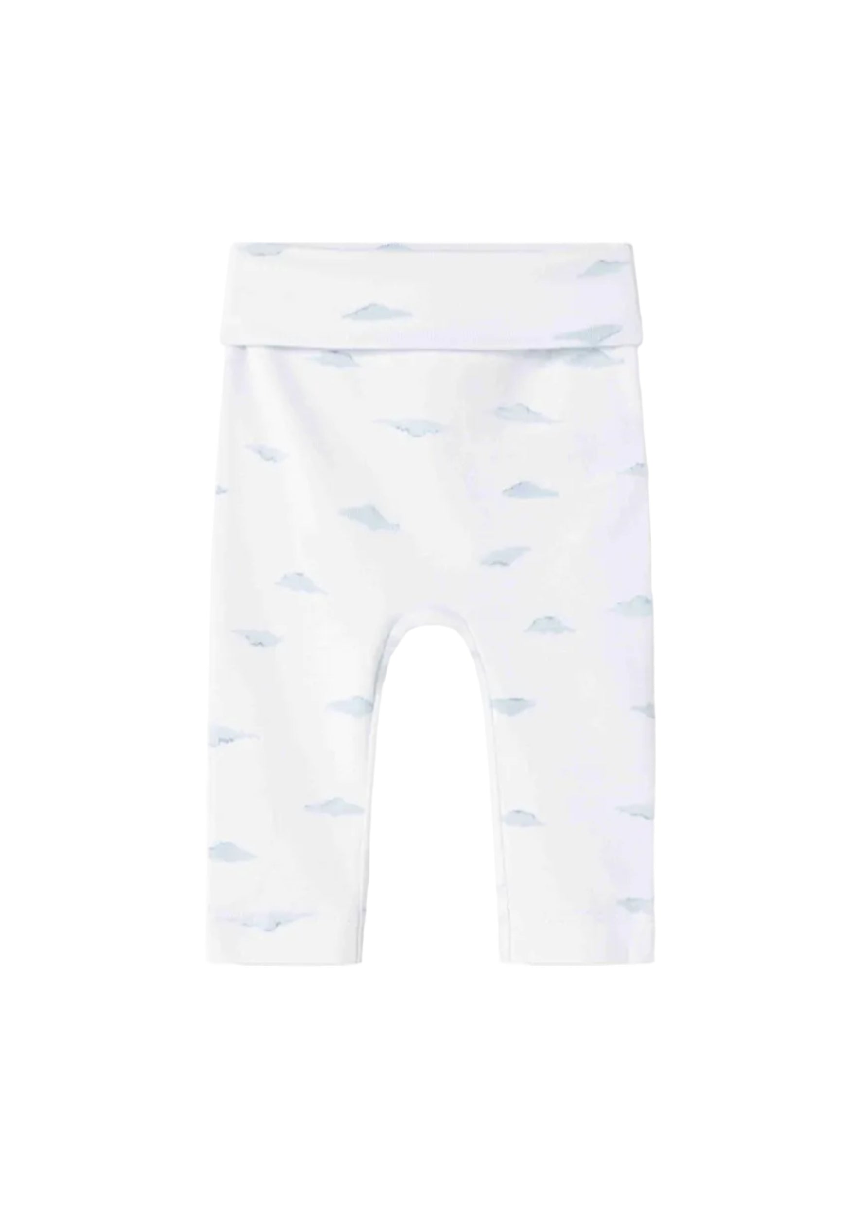 White baby leggings with a light blue cloud pattern, shown flat against a white background.