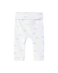 White baby leggings with a light blue cloud pattern, shown flat against a white background.
