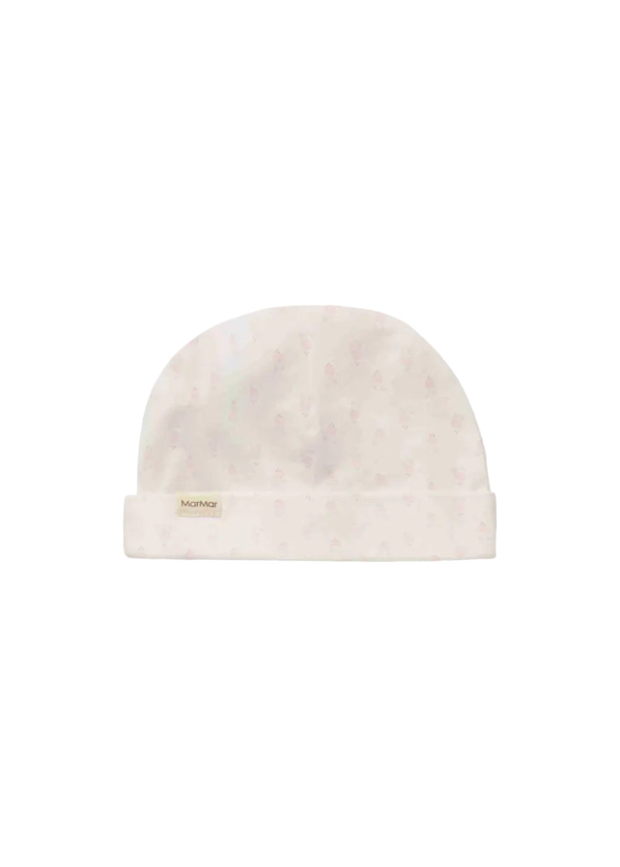 Beige baby hat with a small logo on a white background