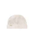 Beige baby hat with a small logo on a white background