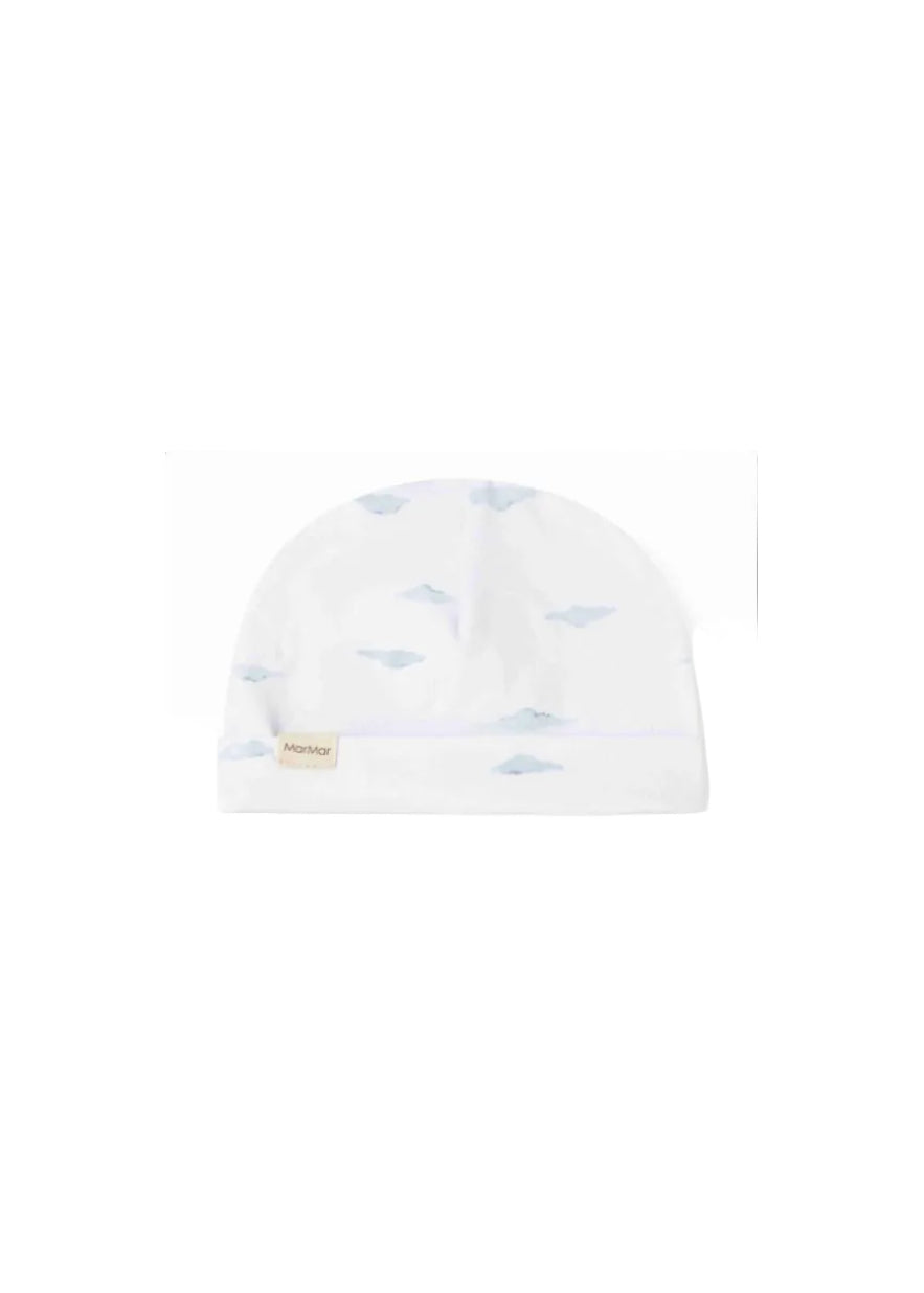 White baby hat with blue cloud pattern and MarMar label on a white background