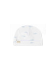 White baby hat with blue cloud pattern and MarMar label on a white background