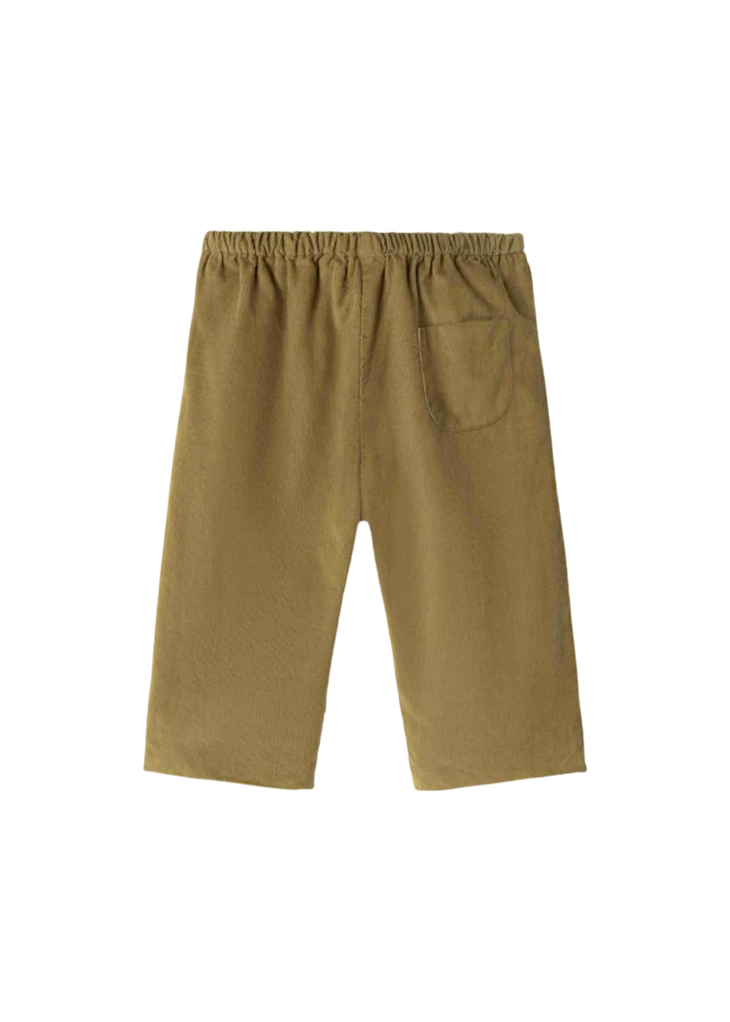 A pair of olive green cropped pants with an elastic waistband and a side pocket, shown flat against a white background.