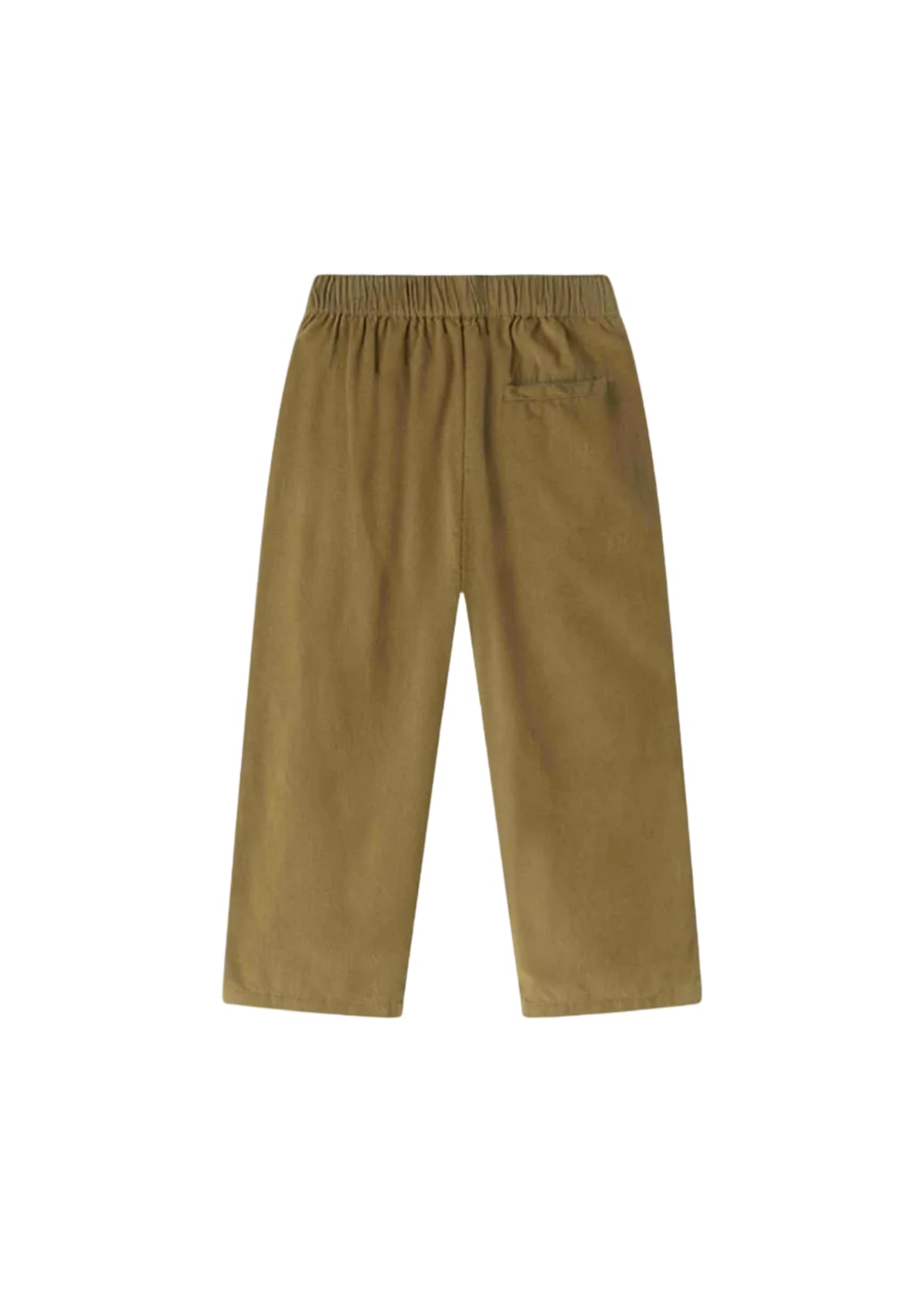 A pair of children's trousers in a muted olive-brown fabric, shown from the back. The pants feature an elastic waistband and a single welt pocket on the right side, photographed against a clean white background.