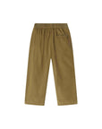 A pair of children's trousers in a muted olive-brown fabric, shown from the back. The pants feature an elastic waistband and a single welt pocket on the right side, photographed against a clean white background.