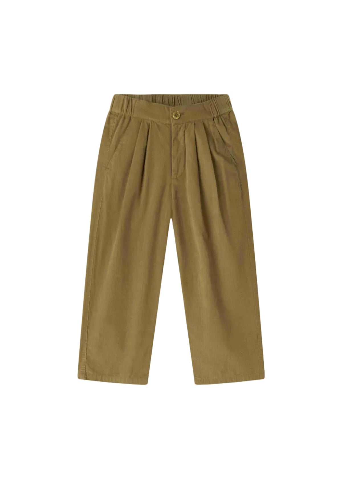 A pair of children's pleated trousers in a muted olive-brown or khaki color, featuring an elastic waistband and a button closure, shown flat against a white background.