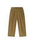 A pair of children's pleated trousers in a muted olive-brown or khaki color, featuring an elastic waistband and a button closure, shown flat against a white background.