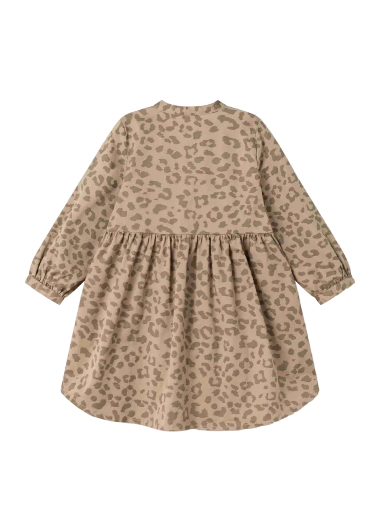 A long-sleeve children's dress with a gathered waist and an all-over leopard print pattern in beige and brown, shown from the back on a white background.
