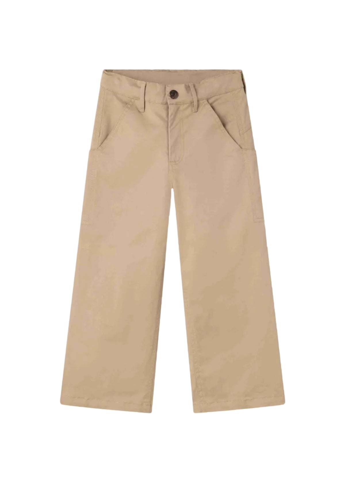 A pair of beige wide-leg pants with a button closure and belt loops, shown flat against a white background.