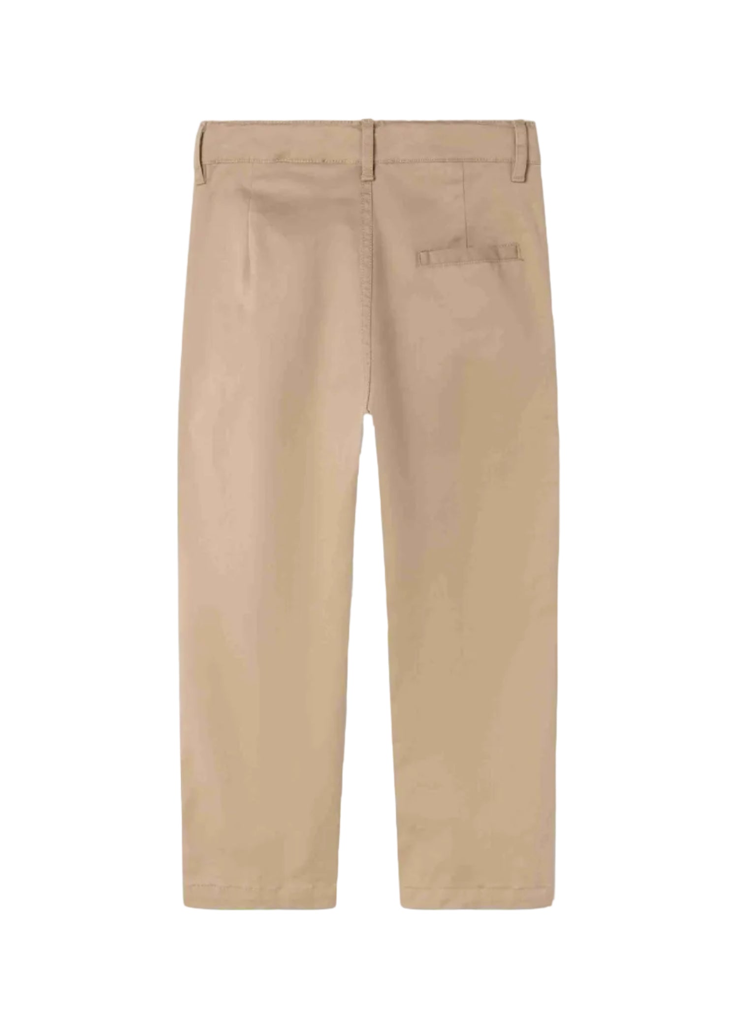 A pair of beige straight-leg pants shown from the back, featuring a belt loops, waistband, and a single welt pocket on the right side, set against a plain white background.