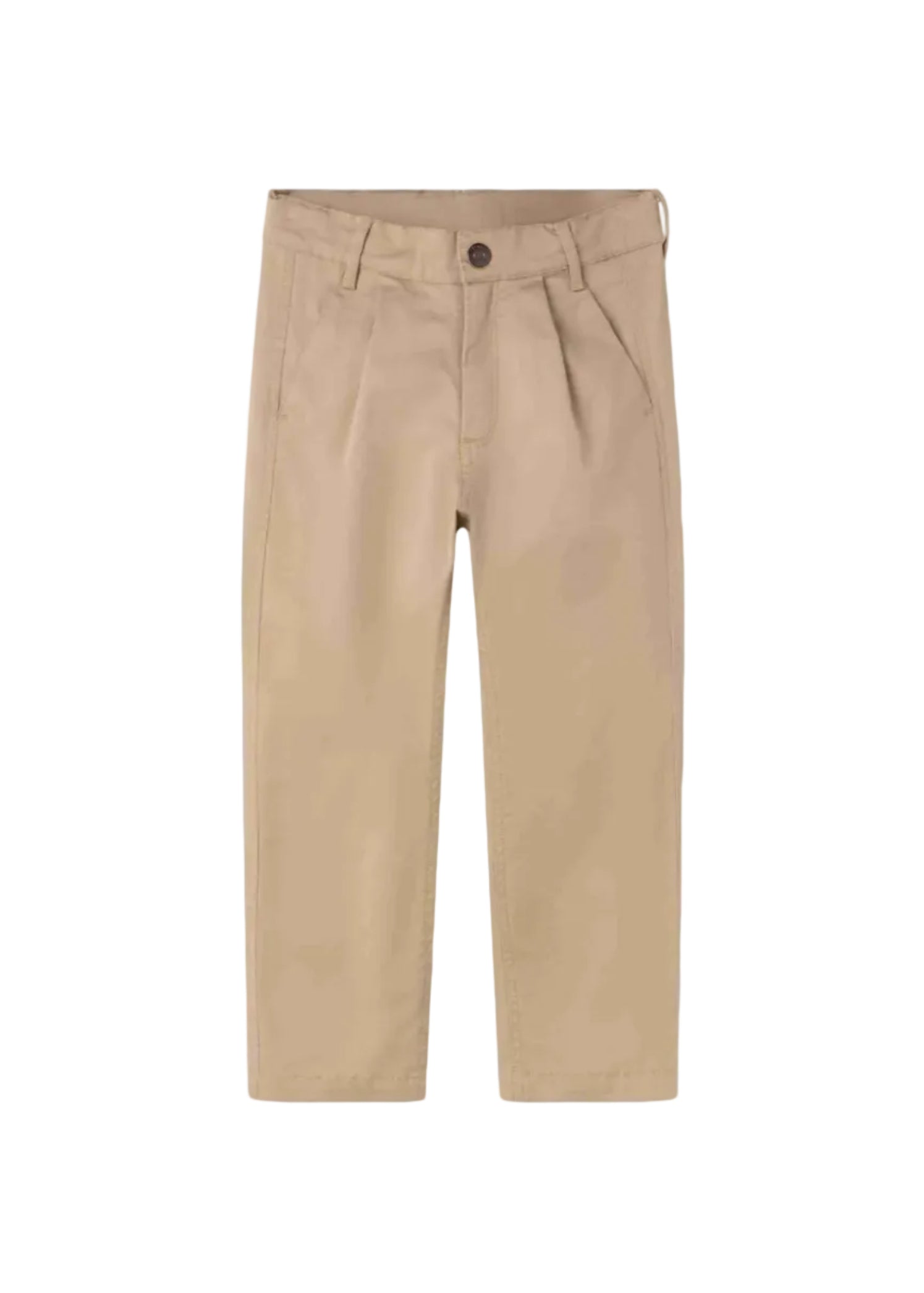 A pair of beige kids' trousers with a flat front, belt loops, and a button closure, shown flat on a white background.