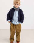 Young boy wearing a navy cardigan, light blue shirt, brown pants, and brown shoes on a white background