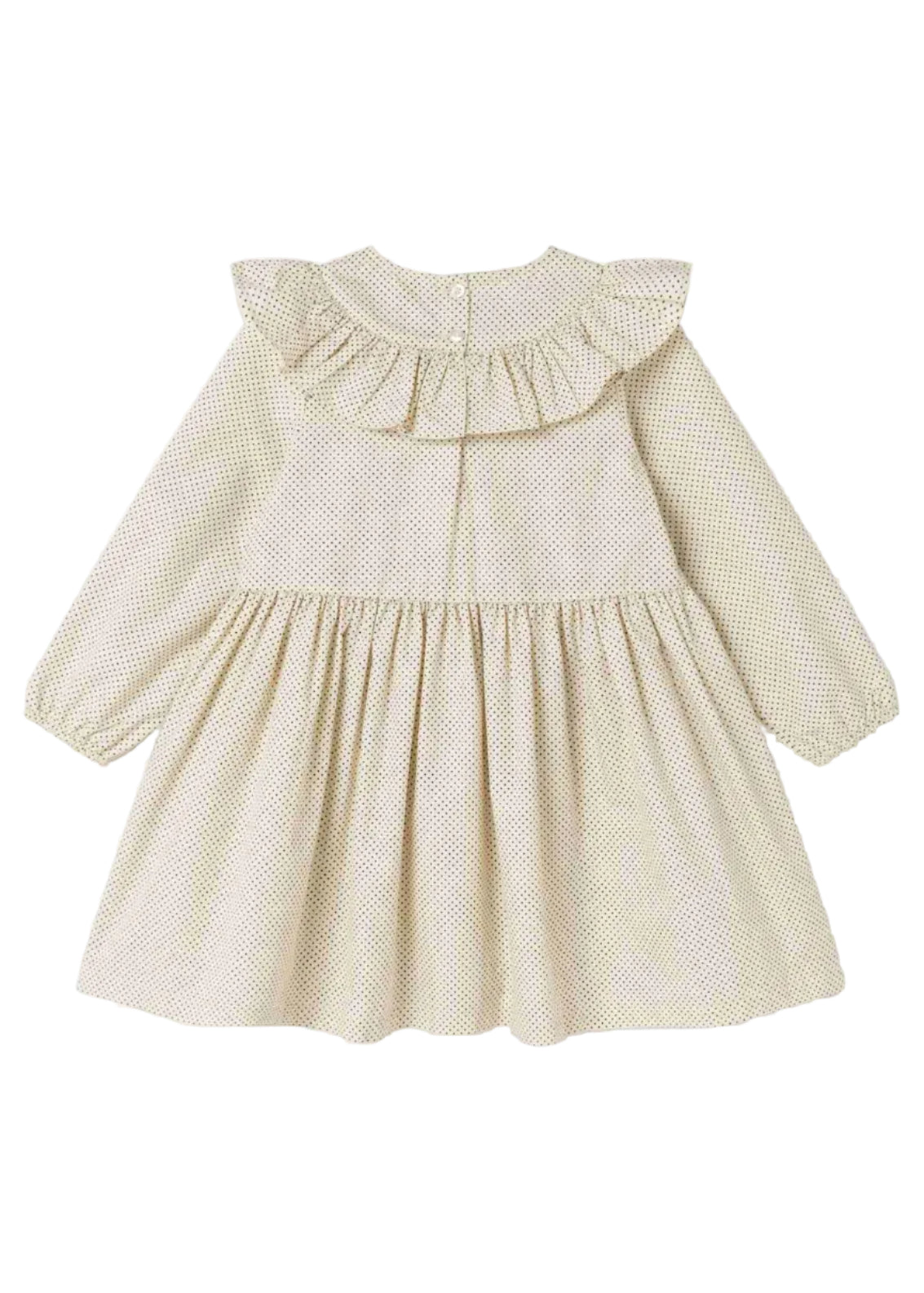 A long-sleeve baby dress in a cream and white micro-check pattern, featuring a ruffled collar and a gathered skirt, shown against a plain white background.