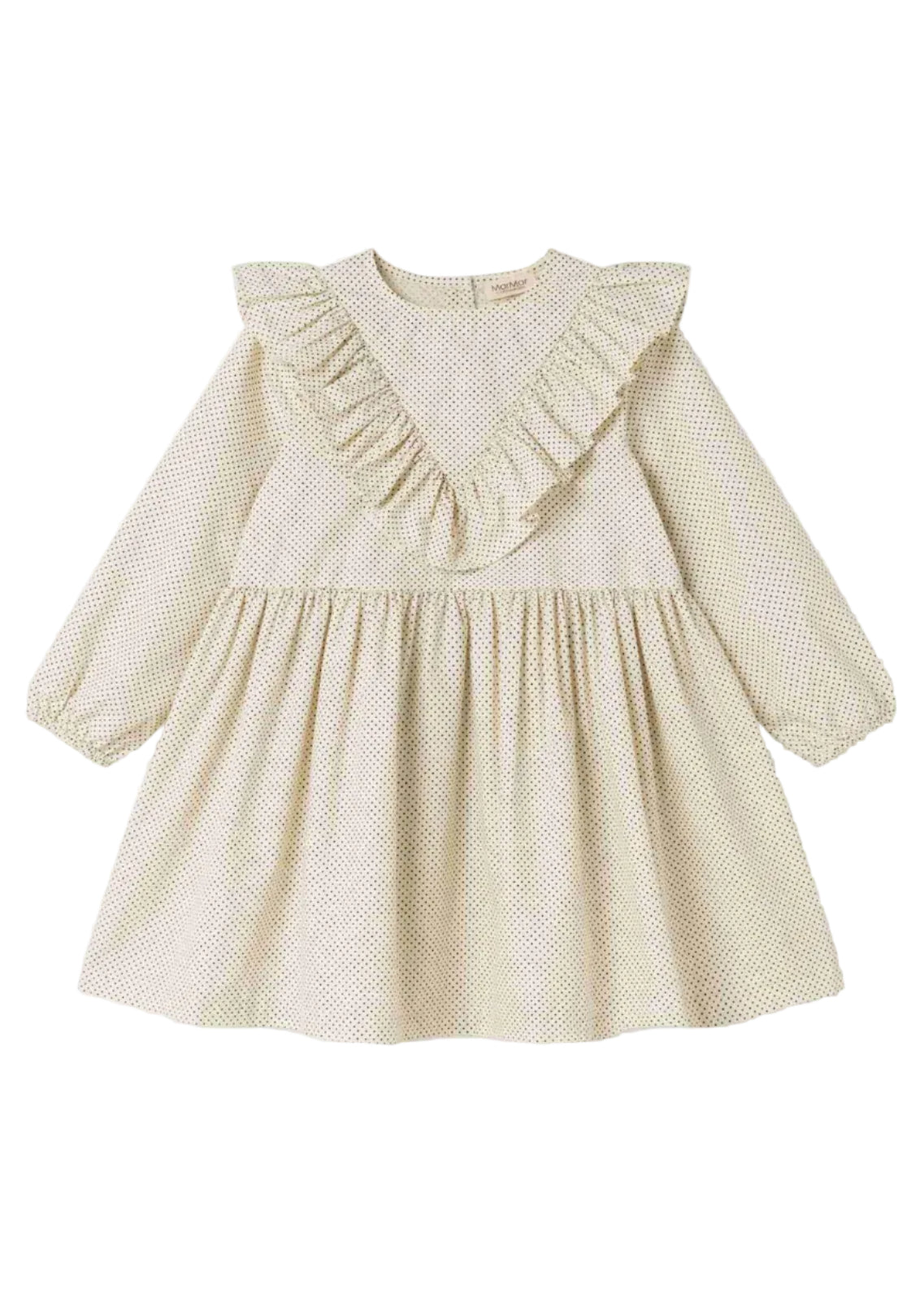 A long-sleeve baby dress in beige with a tiny white polka dot pattern, featuring a ruffled V-neckline and a gathered skirt, shown on a plain white background.