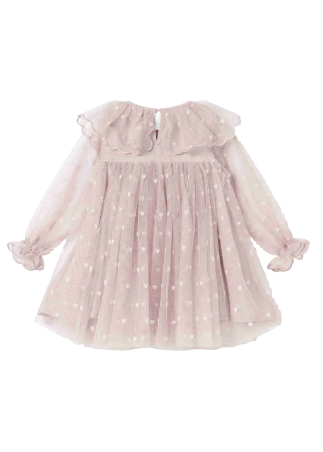 A light pink long-sleeve tulle dress for toddlers, featuring a ruffled collar, white heart patterns, and matching ruffled cuffs, shown against a plain white background.