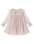 A light pink long-sleeve tulle dress for toddlers, featuring a ruffled collar, white heart patterns, and matching ruffled cuffs, shown against a plain white background.
