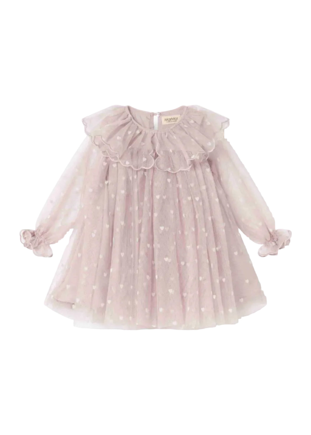 A light pink long-sleeve tulle dress for toddlers, featuring a large ruffled collar, delicate white embroidered polka dots, and matching ruffled cuffs on the sleeves, shown against a plain white background.