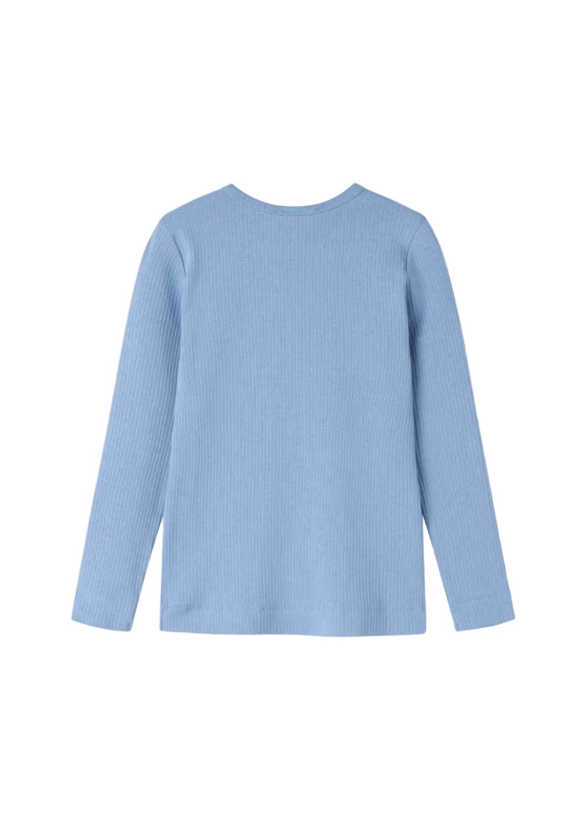 A light blue ribbed long-sleeve top shown from the back, laid flat against a clean white background.