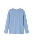 A light blue ribbed long-sleeve top shown from the back, laid flat against a clean white background.