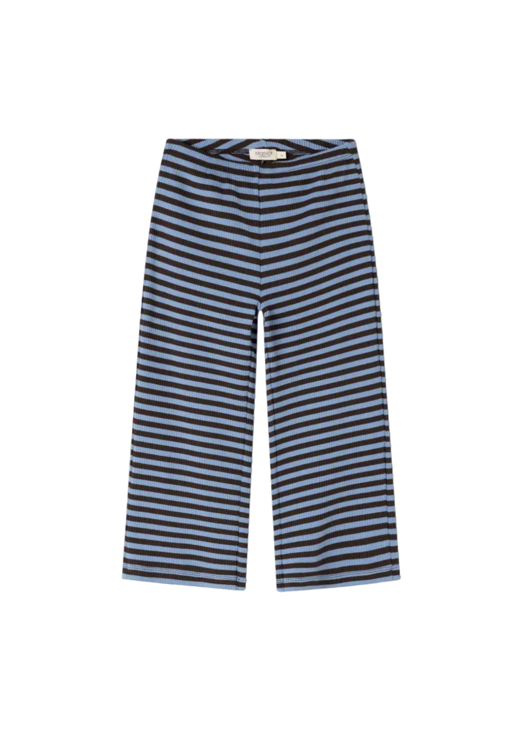 A pair of cropped knit pants featuring a horizontal stripe pattern in black and light blue, displayed flat against a white background.