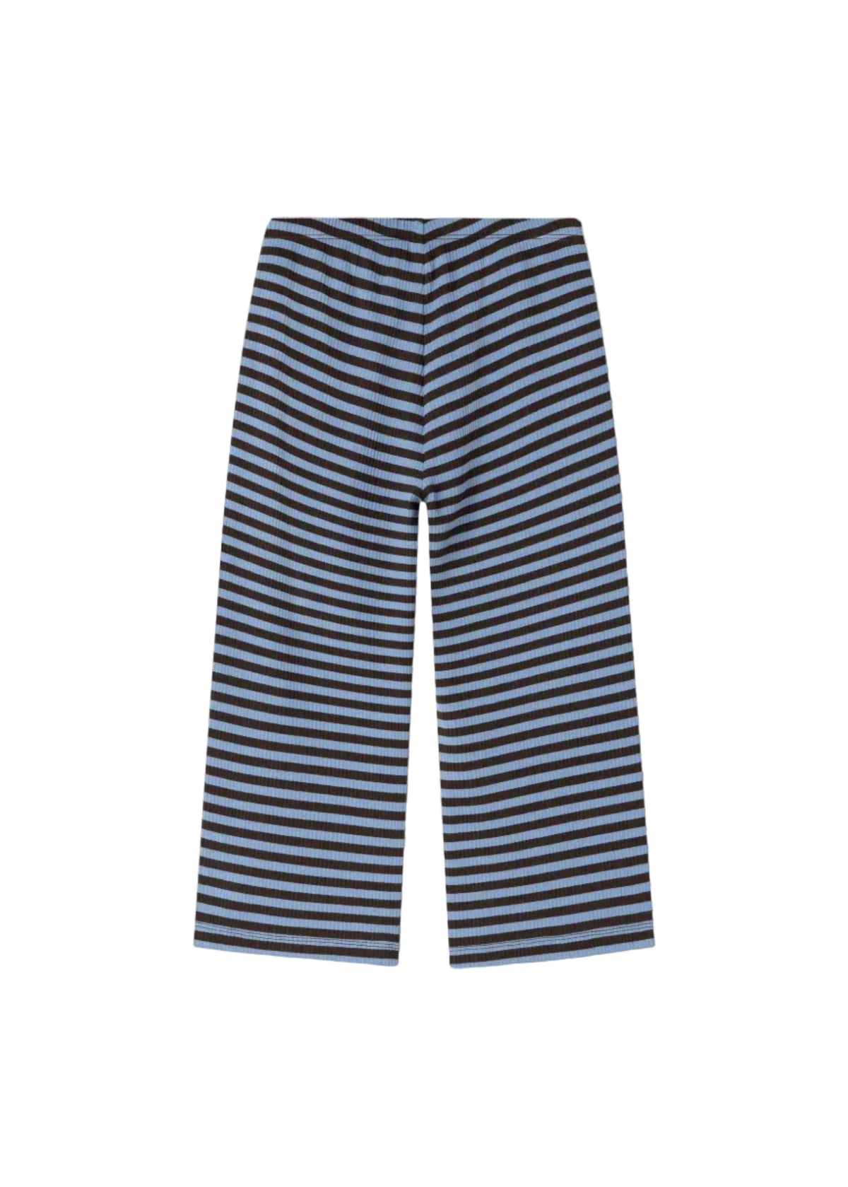 A pair of wide-leg cropped pants featuring horizontal stripes in black and light blue, displayed flat against a white background.