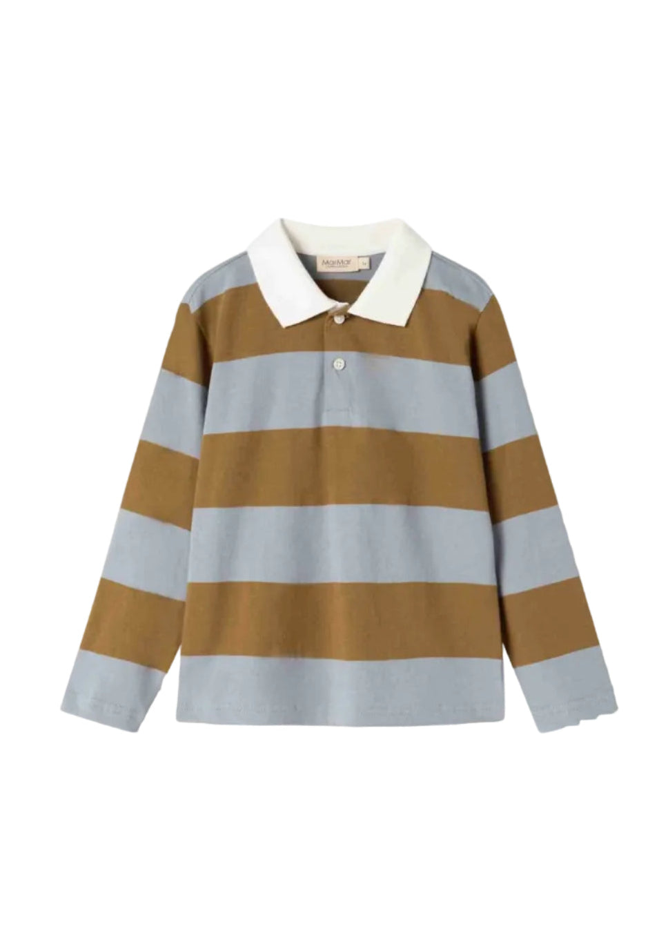A long-sleeve polo shirt with horizontal stripes in brown and light blue-gray, featuring a contrasting cream collar and a two-button placket. The brand name 'nagasaki' is visible on the inner neck label.