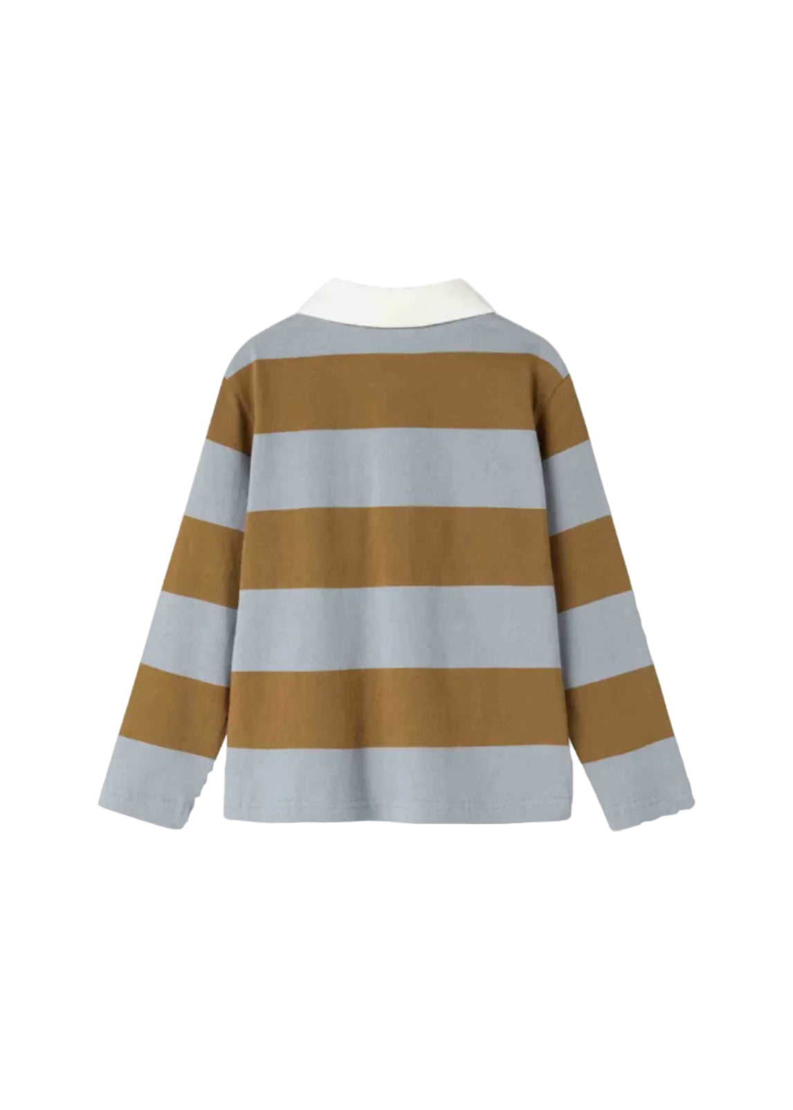 A long-sleeve striped knit top shown from the back, featuring alternating horizontal bands of warm brown and light gray with a contrasting white collar.