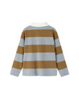 A long-sleeve striped knit top shown from the back, featuring alternating horizontal bands of warm brown and light gray with a contrasting white collar.