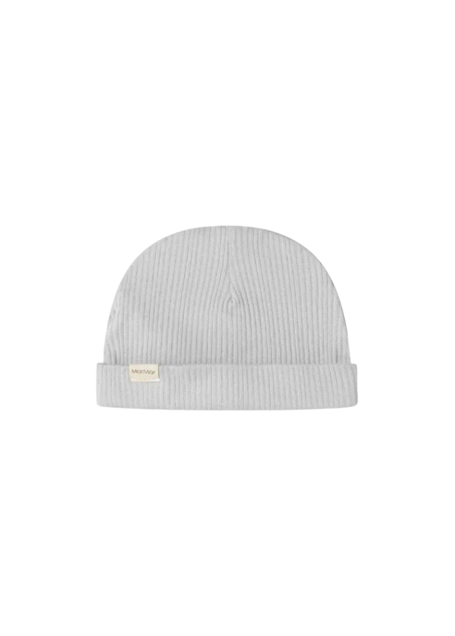Gray knit beanie with a brand label on a white background