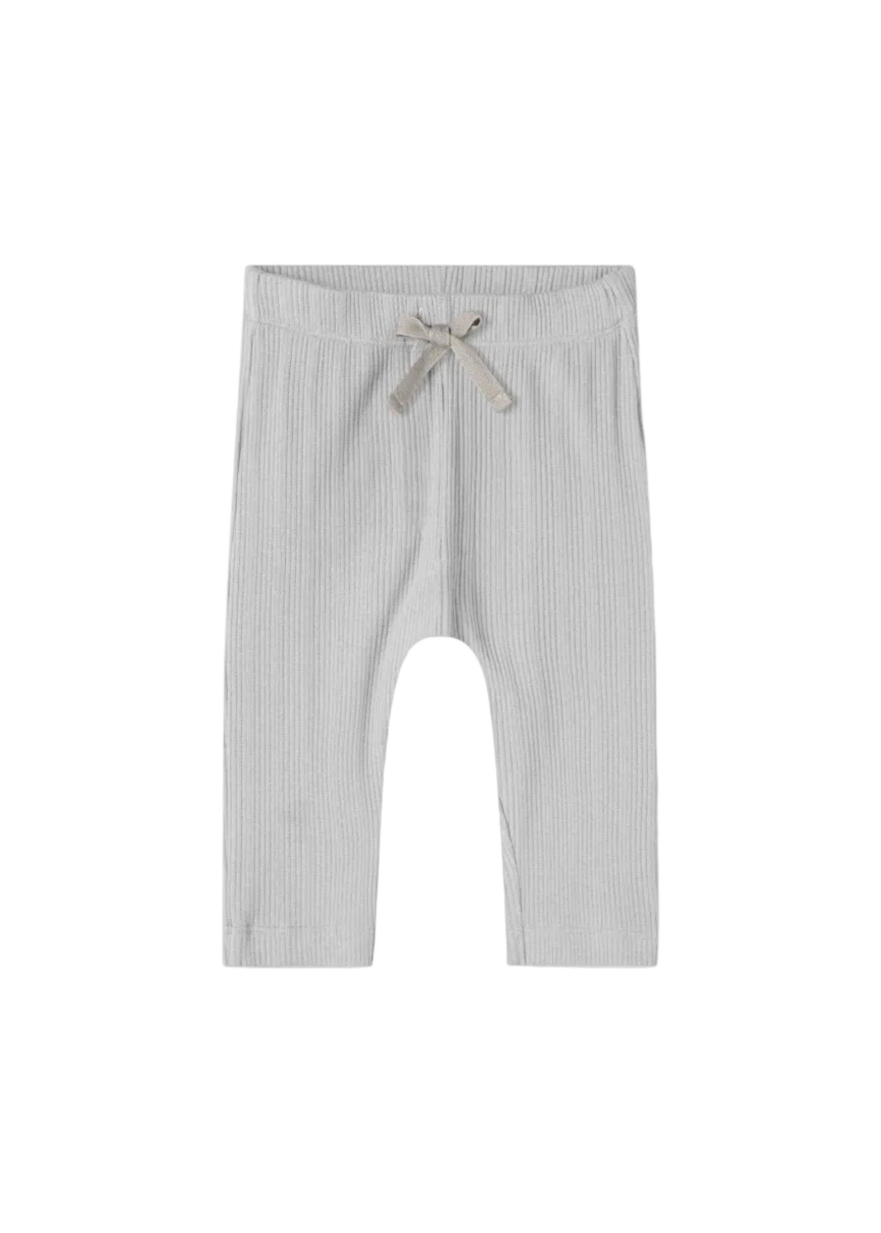 Light gray ribbed knit pants with an elastic waistband and a matching drawstring, shown flat against a white background.