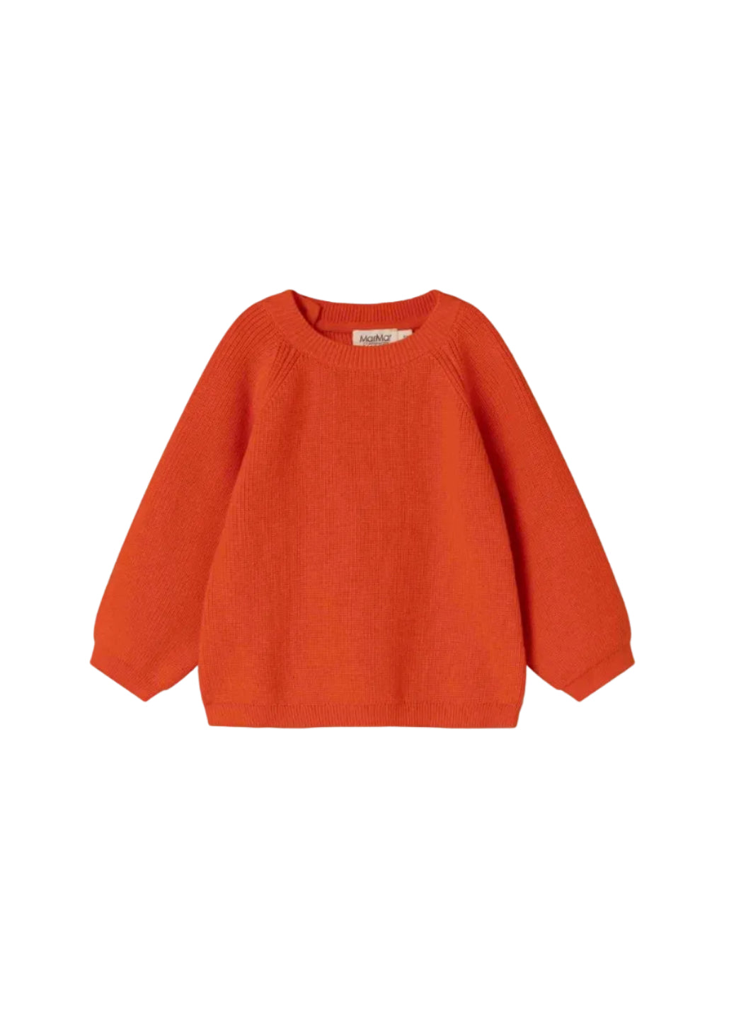 A bright orange knit crewneck sweater with raglan sleeves, displayed flat against a clean white background.