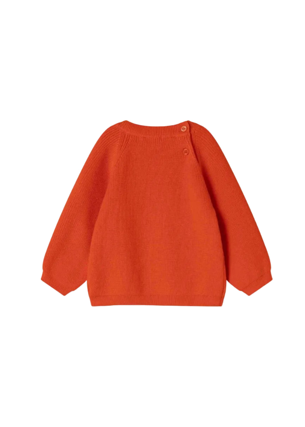 A bright orange ribbed knit long-sleeve baby sweater shown from the back, featuring a crew neck and two small snap buttons at the upper back, set against a plain white background.