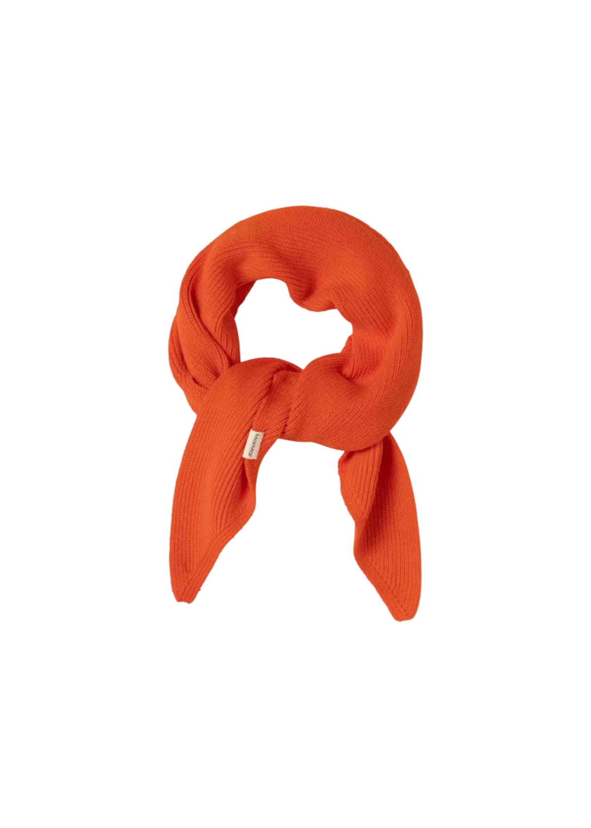 A bright orange ribbed knit scarf tied in a knot, displayed on a clean white background.